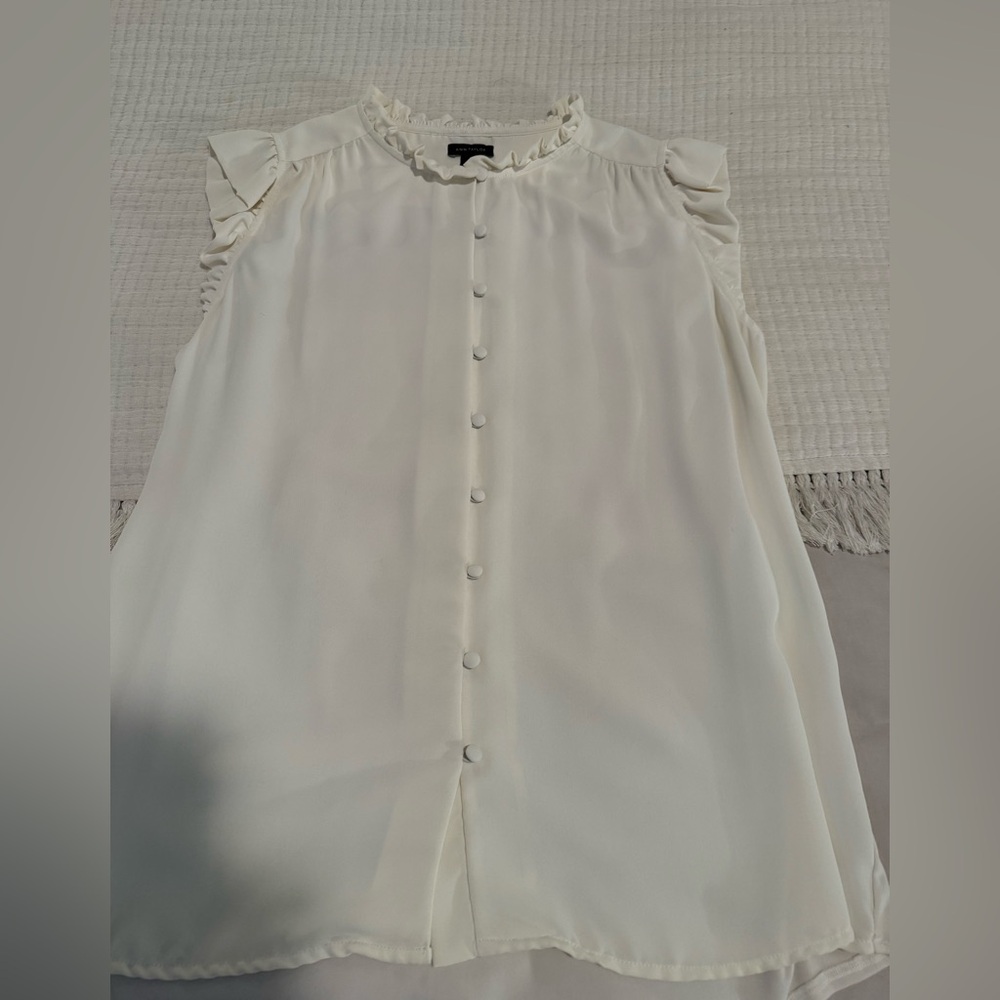 Ann Taylor Mixed Media Ruffle Shell - Winter White - Medium